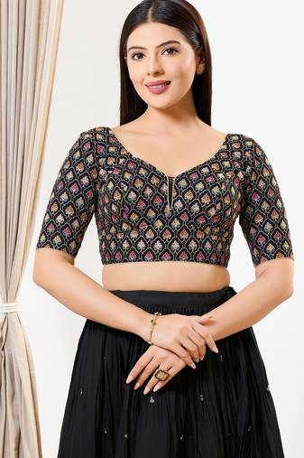 Women's silk padded back open elbow sleeves saree blouse