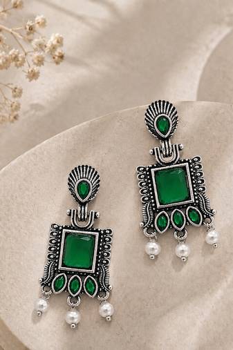 German silver green geometric drop earrings