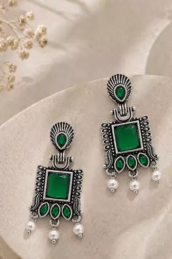 German silver green geometric drop earrings
