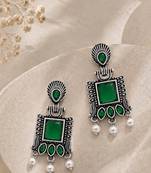 German silver green geometric drop earrings