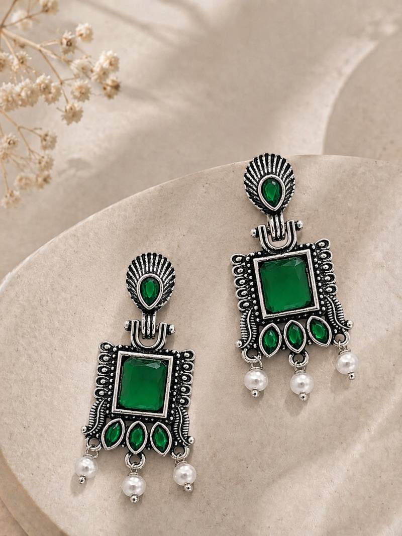 German silver green geometric drop earrings