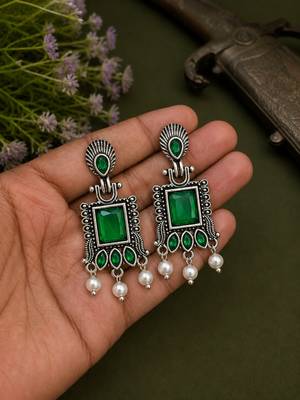 German silver green geometric drop earrings 2