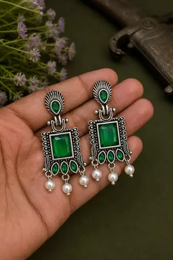 German silver green geometric drop earrings