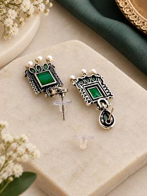 German silver green geometric drop earrings 3