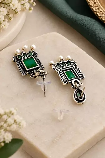 German silver green geometric drop earrings
