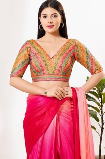 Women's silk padded back open elbow sleeves saree blouse