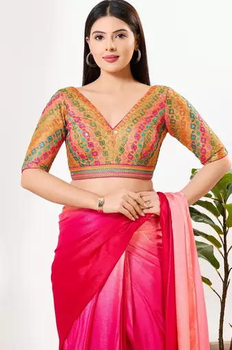 Women's silk padded back open elbow sleeves saree blouse