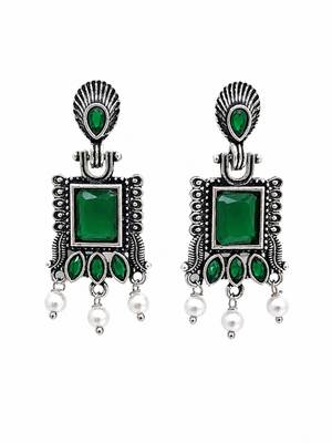 German silver green geometric drop earrings 4