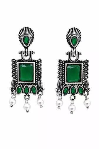 German silver green geometric drop earrings