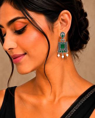 German silver green geometric drop earrings 5
