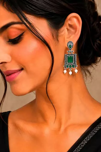 German silver green geometric drop earrings