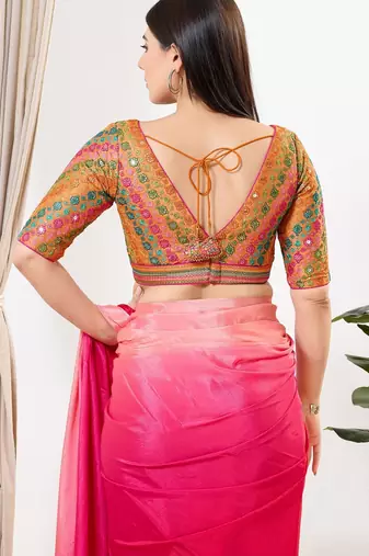 Women's silk padded back open elbow sleeves saree blouse