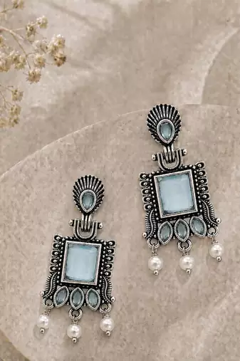 German silver mint geometric drop earrings
