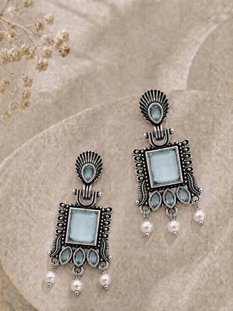 German silver mint geometric drop earrings