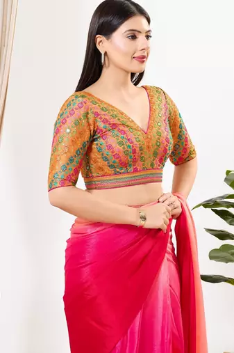 Women's silk padded back open elbow sleeves saree blouse