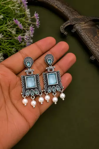 German silver mint geometric drop earrings