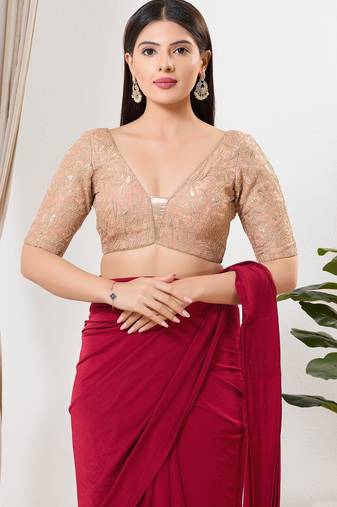 Women's silk padded back open elbow sleeves saree blouse