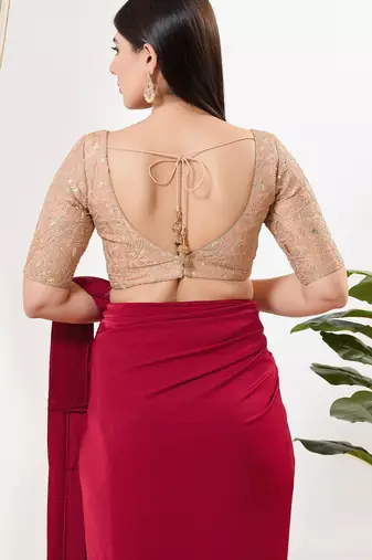 Women's silk padded back open elbow sleeves saree blouse