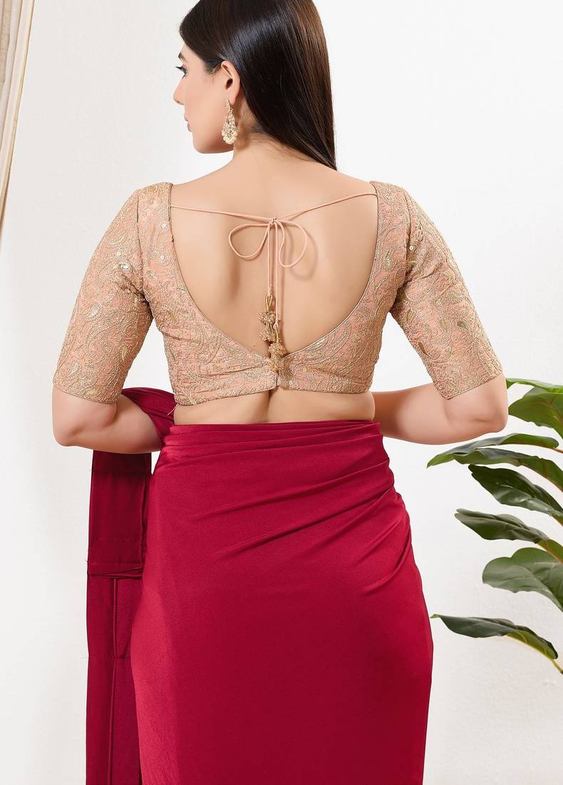 Women's silk padded back open elbow sleeves saree blouse