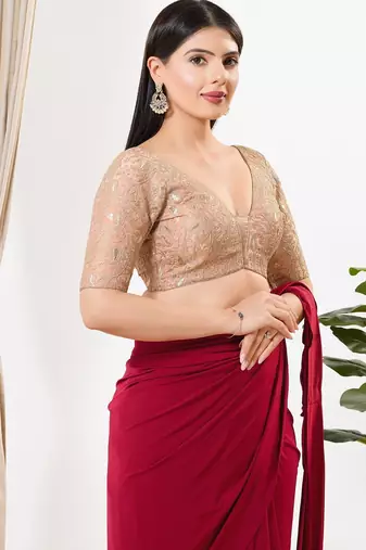 Women's silk padded back open elbow sleeves saree blouse