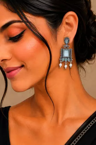 German silver mint geometric drop earrings