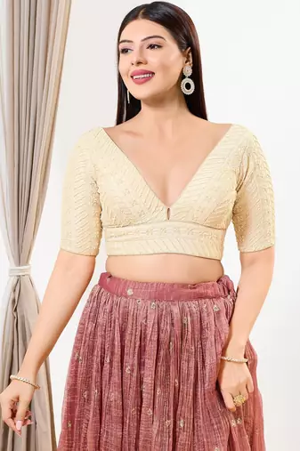 Women's silk padded back open elbow sleeves saree blouse