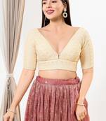 Women's silk padded back open elbow sleeves saree blouse