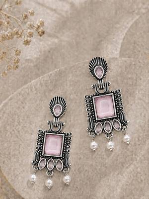 German silver pink geometric drop earrings 1