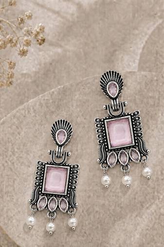 German silver pink geometric drop earrings