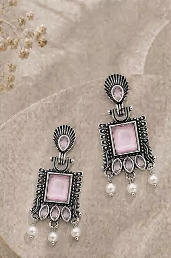German silver pink geometric drop earrings