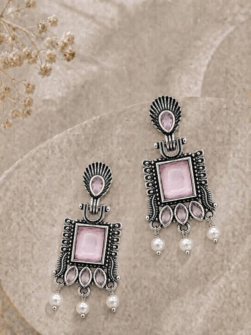 German silver pink geometric drop earrings