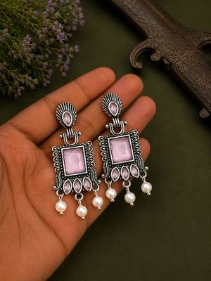 German silver pink geometric drop earrings 2