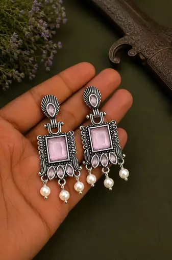 German silver pink geometric drop earrings