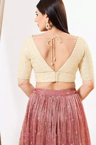 Women's silk padded back open elbow sleeves saree blouse