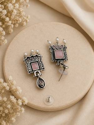 German silver pink geometric drop earrings 3