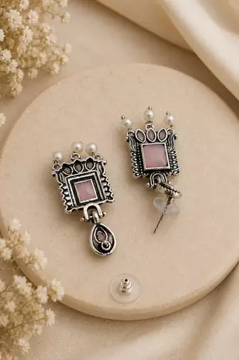 German silver pink geometric drop earrings