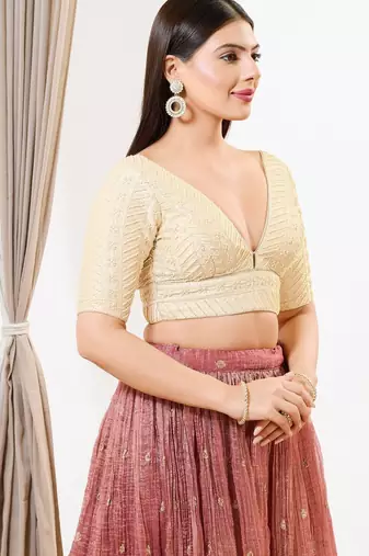 Women's silk padded back open elbow sleeves saree blouse