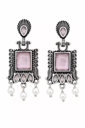 German silver pink geometric drop earrings