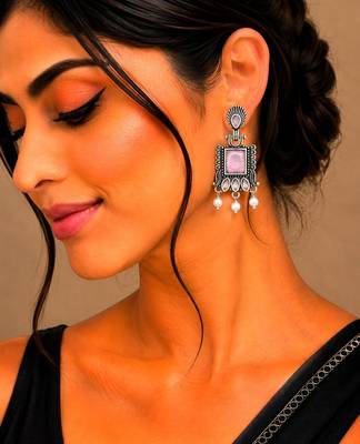 German silver pink geometric drop earrings 5