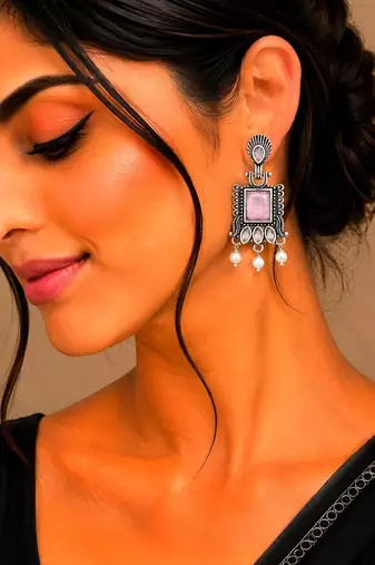 German silver pink geometric drop earrings