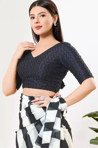Women's jain silk padded back open elbow sleeves saree blouse