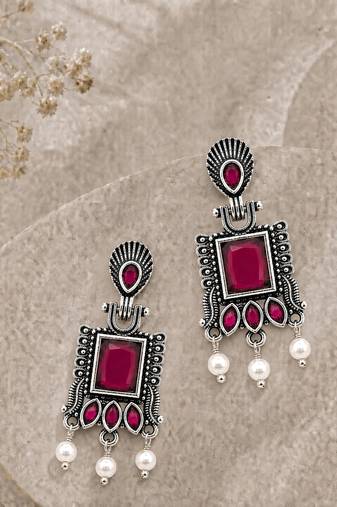 German silver ruby red classic geometric drop earrings