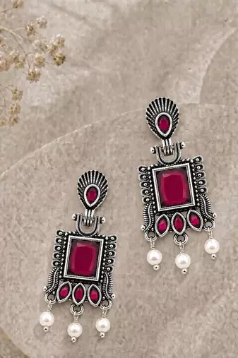 German silver ruby red classic geometric drop earrings