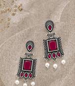 German silver ruby red classic geometric drop earrings