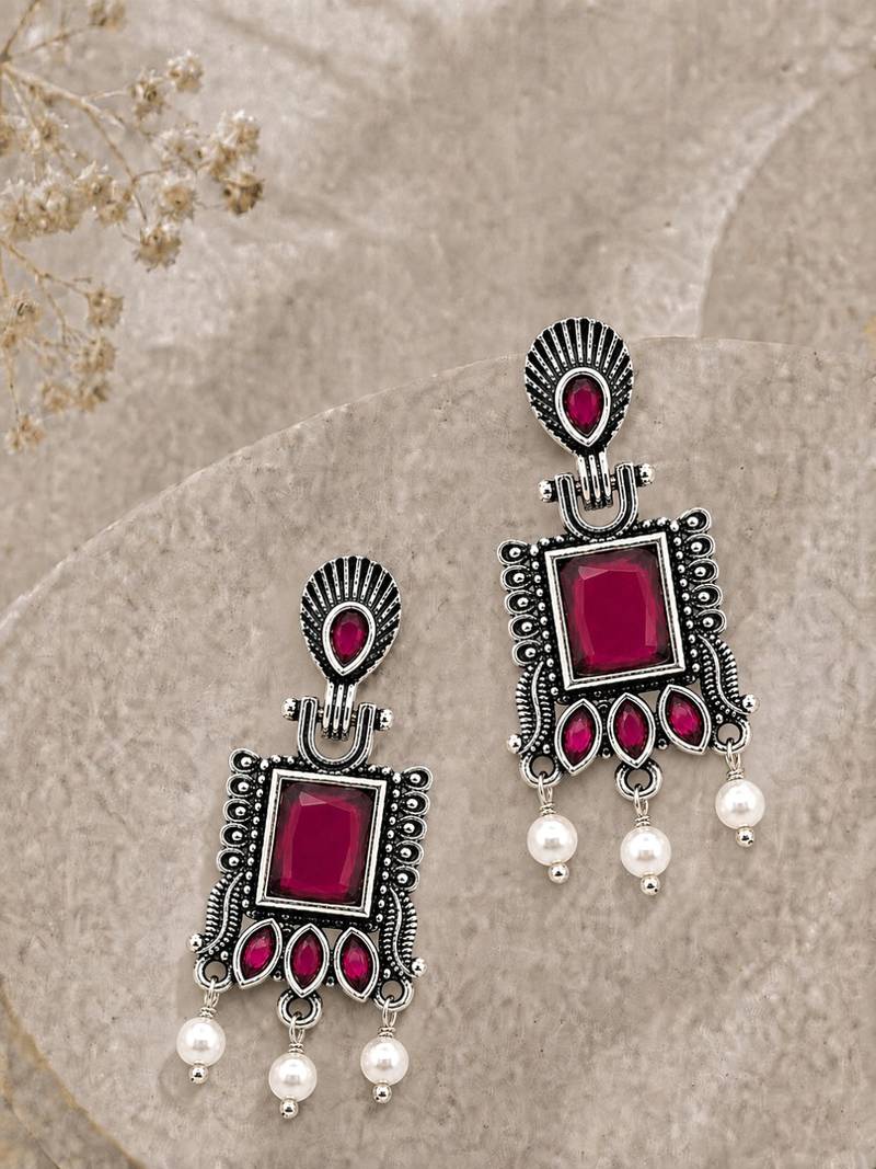 German silver ruby red classic geometric drop earrings