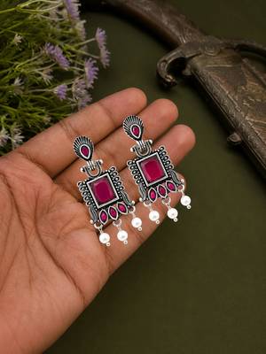 German silver ruby red classic geometric drop earrings 2