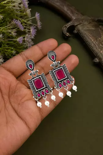 German silver ruby red classic geometric drop earrings