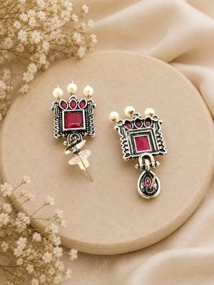 German silver ruby red classic geometric drop earrings 3