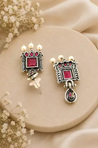 German silver ruby red classic geometric drop earrings