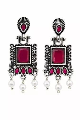 German silver ruby red classic geometric drop earrings